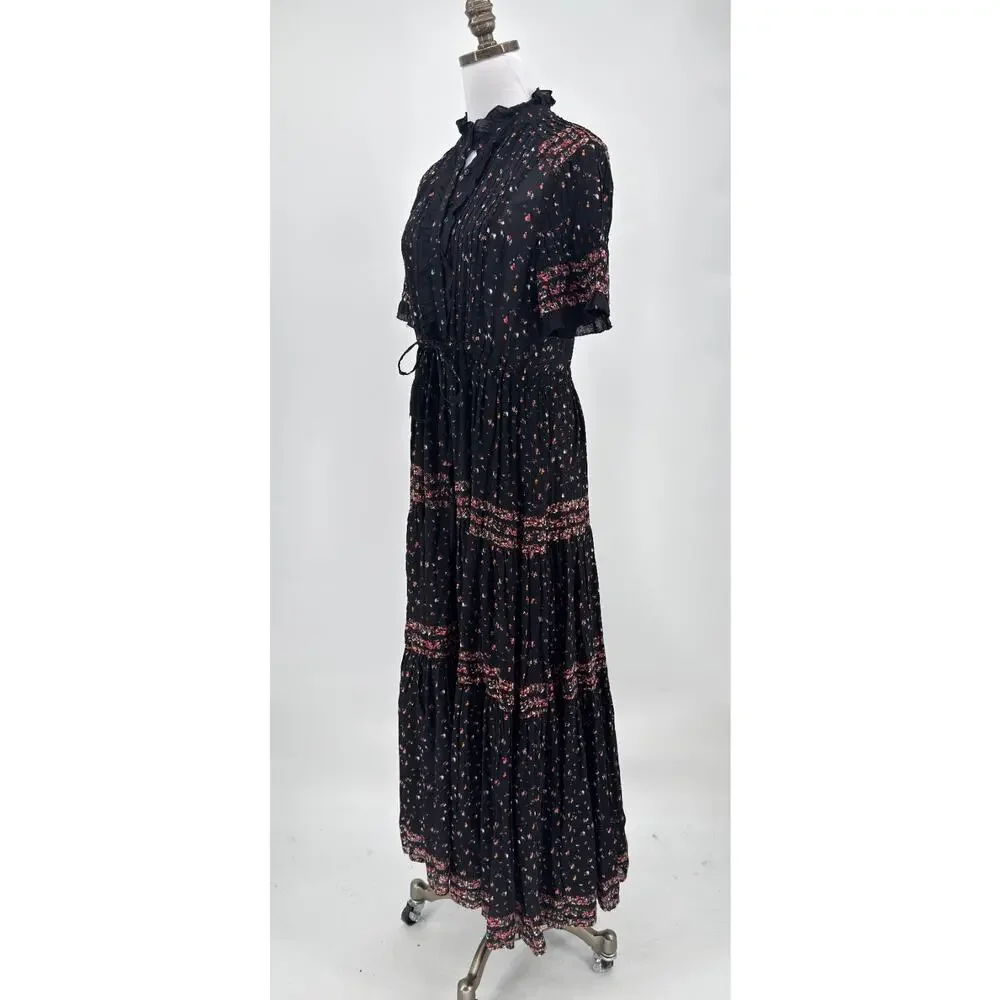 Free People Rare Feeling Black Floral Boho Pleated Tiered Maxi Dress Sz M